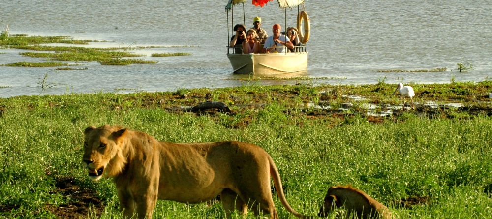 A boat safari spotting some lions by the lake at Lake Manze Tented Camp, Selous National Park, Tanzania - Image 16