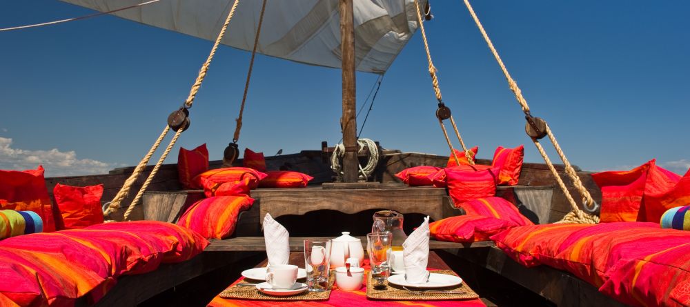 A beautifully decorated traditional dhow for cruises on the lake at Pumulani, Lake Malawi, Malawi - Image 4