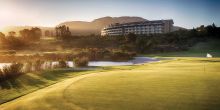 Early morning sun and mist over the golf course at Arabella Western Cape Hotel & Spa, Hermanus, South Africa