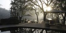 The pool deck in the early morning mist at Dulini Lodge, Sabi Sands Game Reserve, South Africa