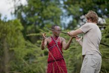 Learning to throw a spear from the Maasai tribesmen at Ngare Serian Camp, Masai Mara National Reserve, Kenya