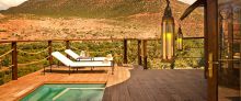 Private plunge pool and balcony at Kasbah Tamadot, Atlas Mountains, Morocco