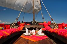 A beautifully decorated traditional dhow for cruises on the lake at Pumulani, Lake Malawi, Malawi