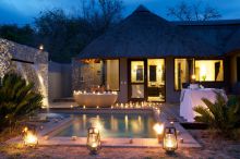 The peaceful private outdoor tub, plunge pool and veranda with dining at Londolozi Granite Suites, Sabi Sands Game Reserve, South Africa