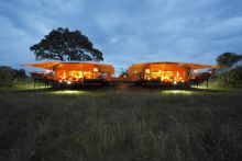 Guest tents illuminated in the duskr at Serengeti Bushtops Camp, Serengeti National Park, Tanzania